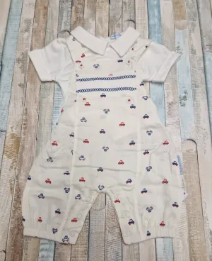 Baby Boys Car Design White Dungaree Set
