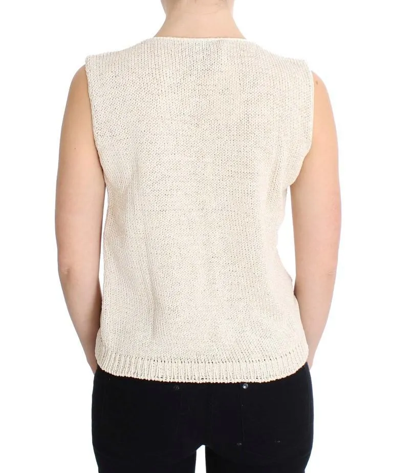 Beige Cotton Blend Knitted Sleeveless Sweater