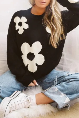 Black Big Flower Pattern Knit Sweater