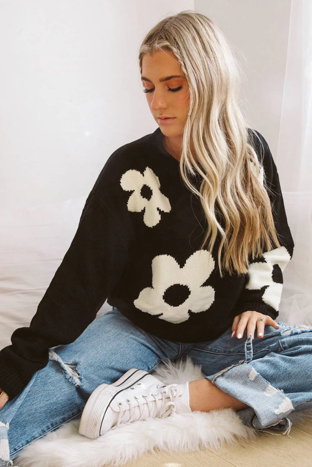Black Big Flower Pattern Knit Sweater