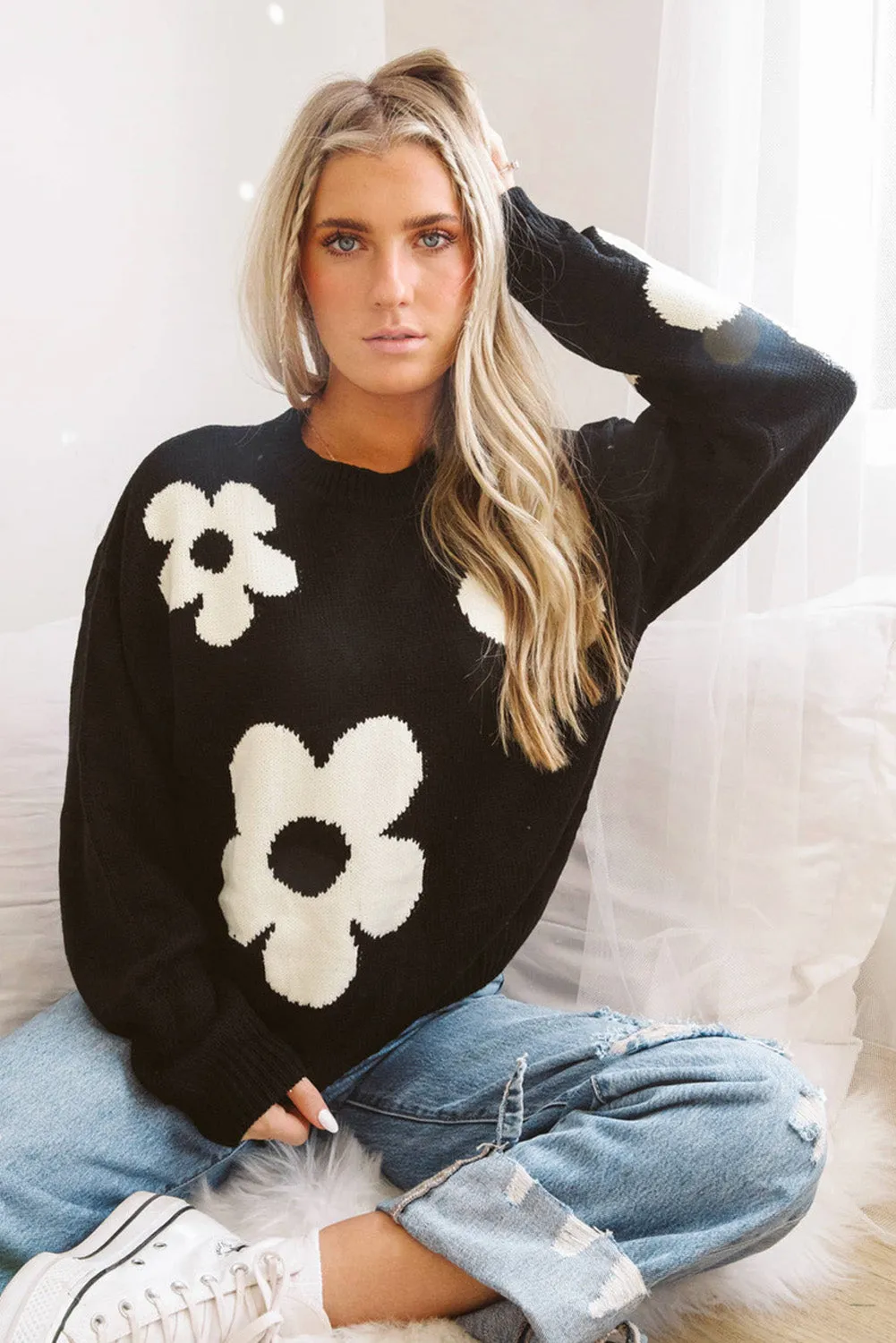 Black Big Flower Pattern Knit Sweater