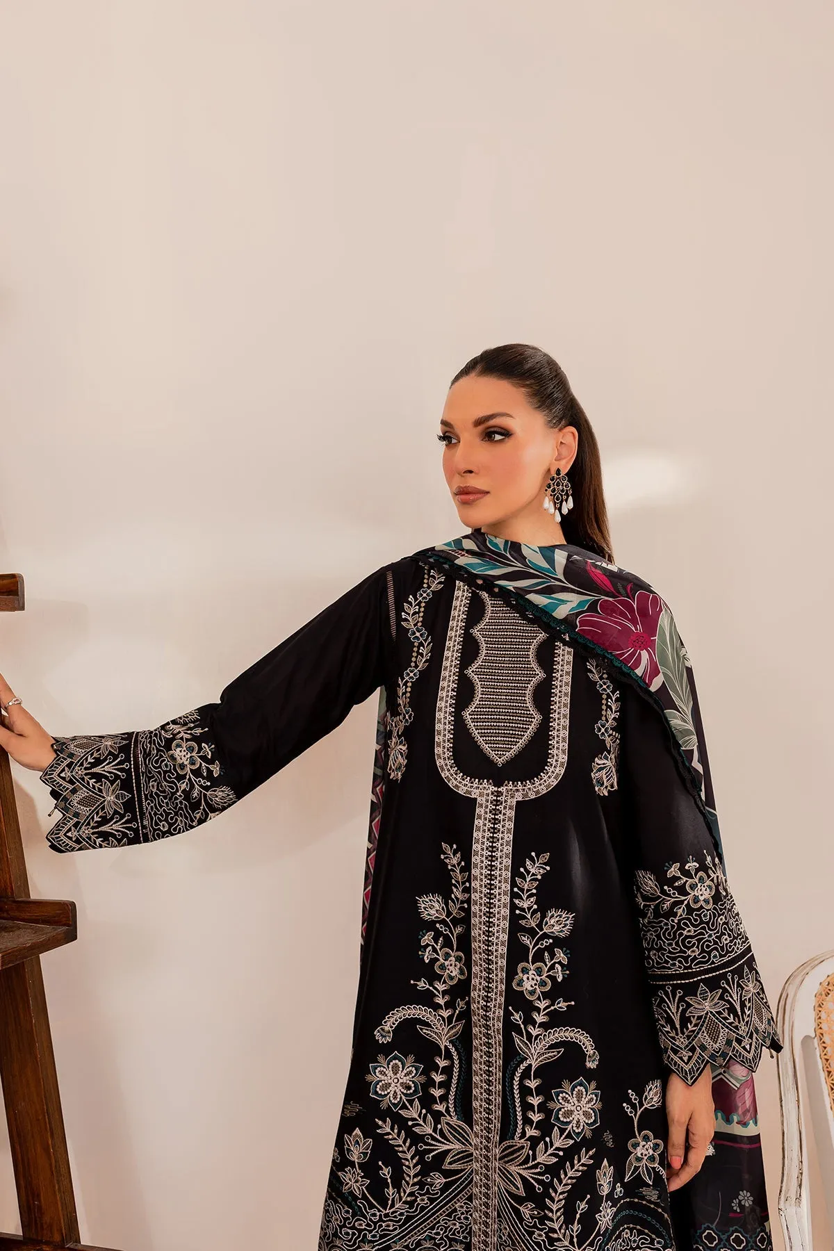 Black Floret | Farasha Mehak Festive Lawn SS 23 | Unstitched Embroidered Collection