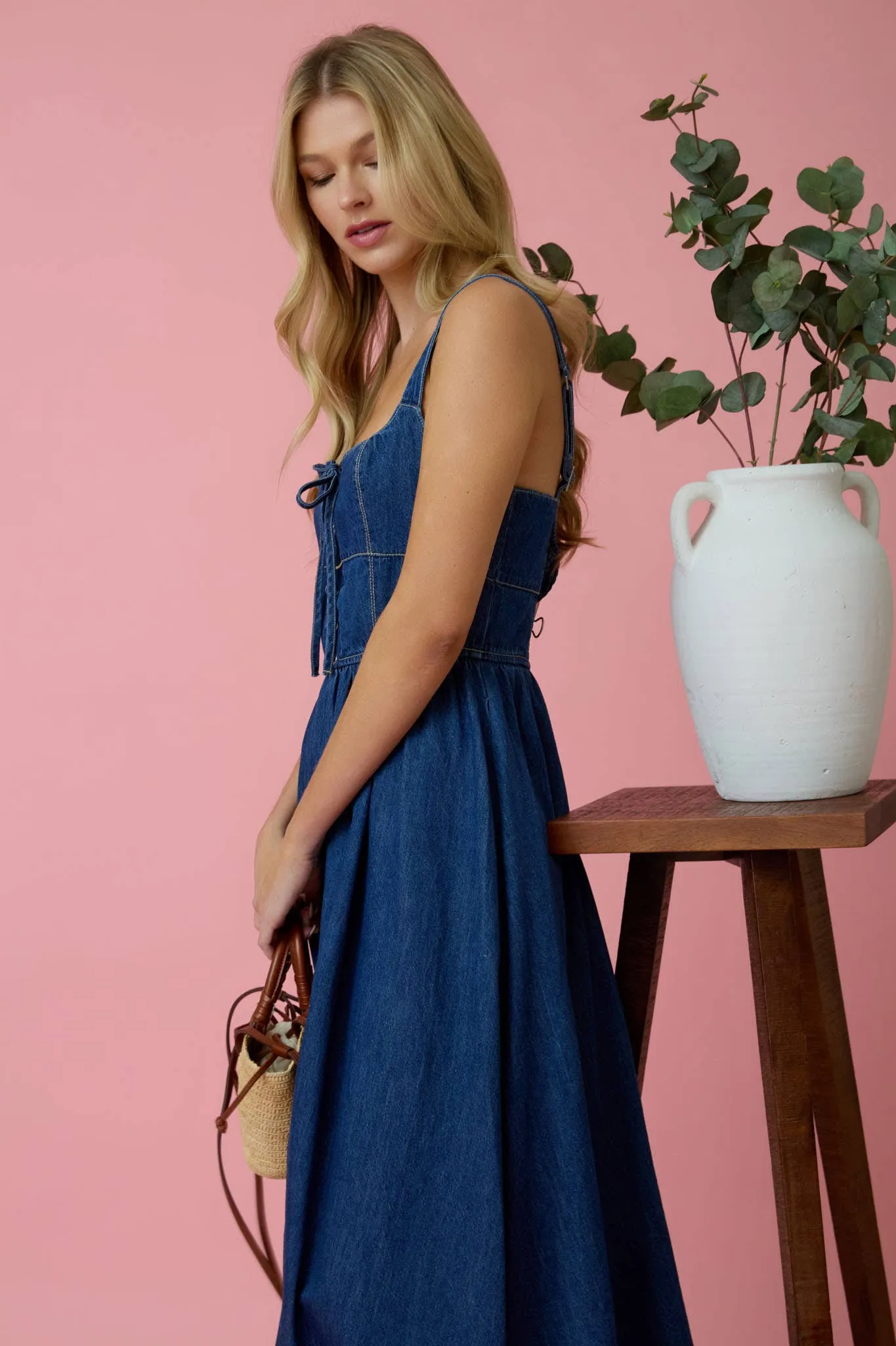 Blu Pepper Lace Up Sleeveless Denim Midi Dress B5SD1017