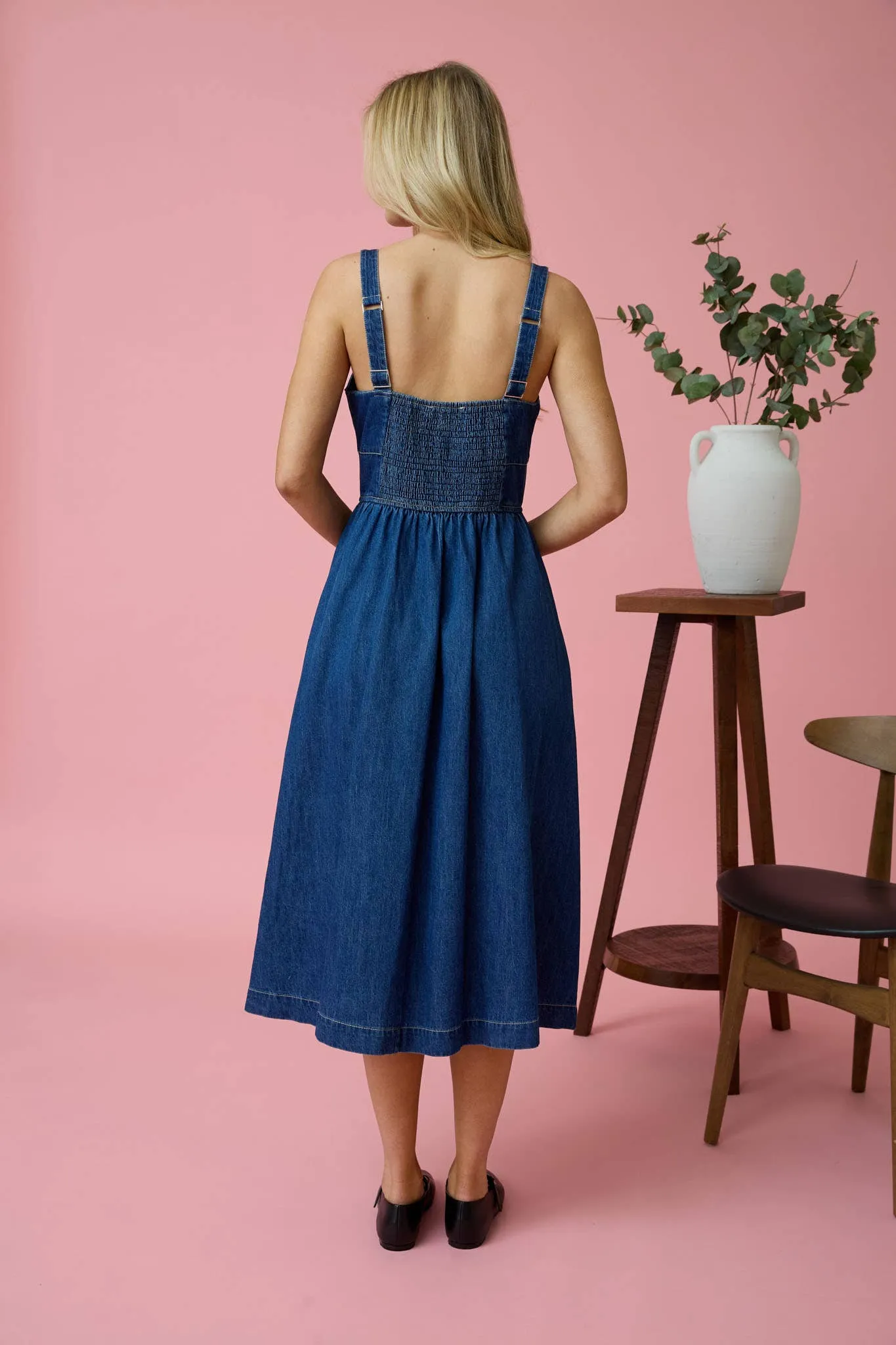 Blu Pepper Lace Up Sleeveless Denim Midi Dress B5SD1017