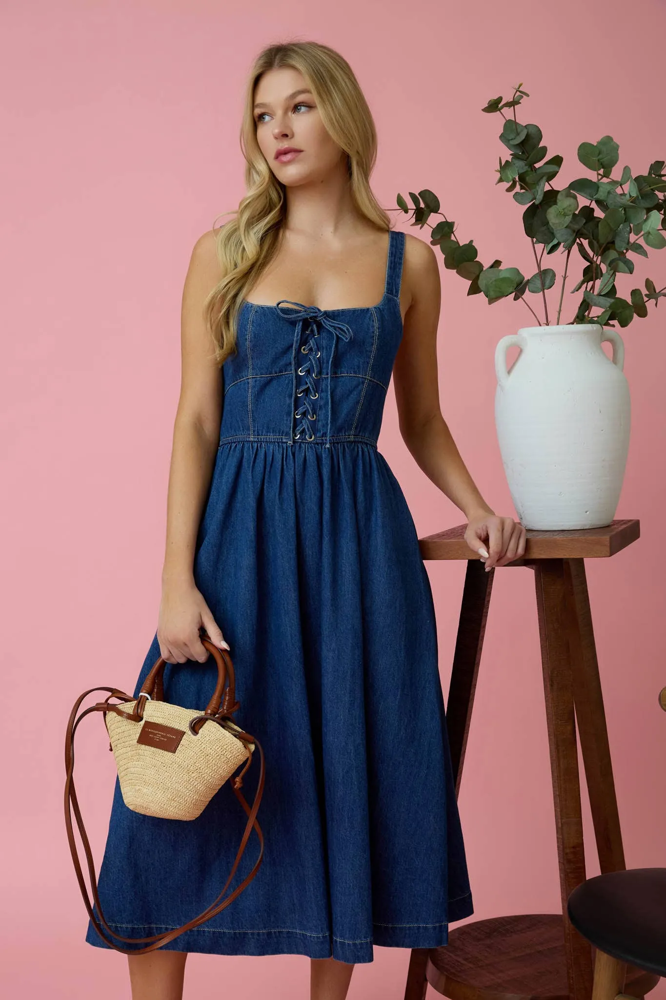 Blu Pepper Lace Up Sleeveless Denim Midi Dress B5SD1017