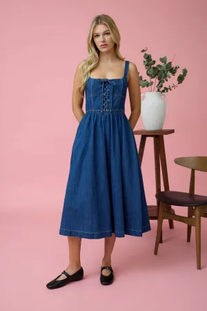Blu Pepper Lace Up Sleeveless Denim Midi Dress B5SD1017
