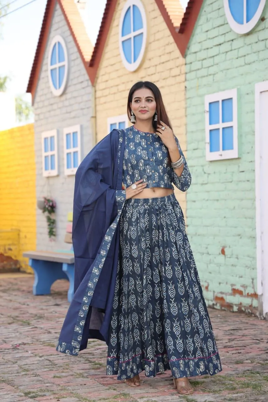 Blue Colour Bagru Print Flora lehenga choli Set