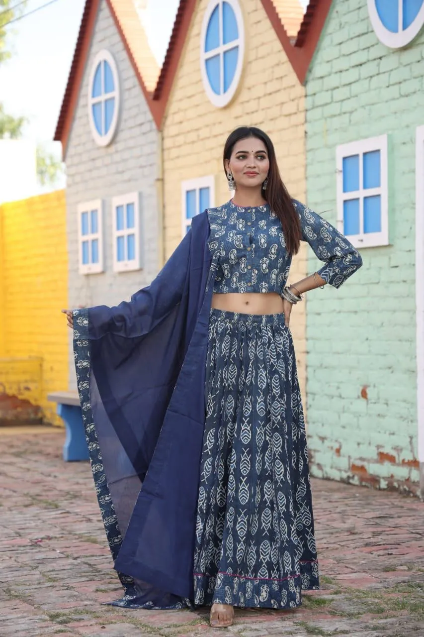 Blue Colour Bagru Print Flora lehenga choli Set