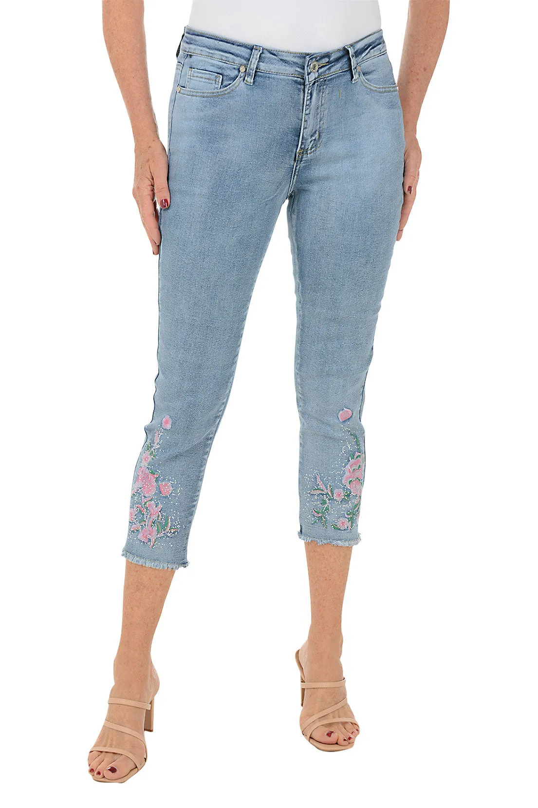 Blue Rhinestone Roses Denim Capri Pant