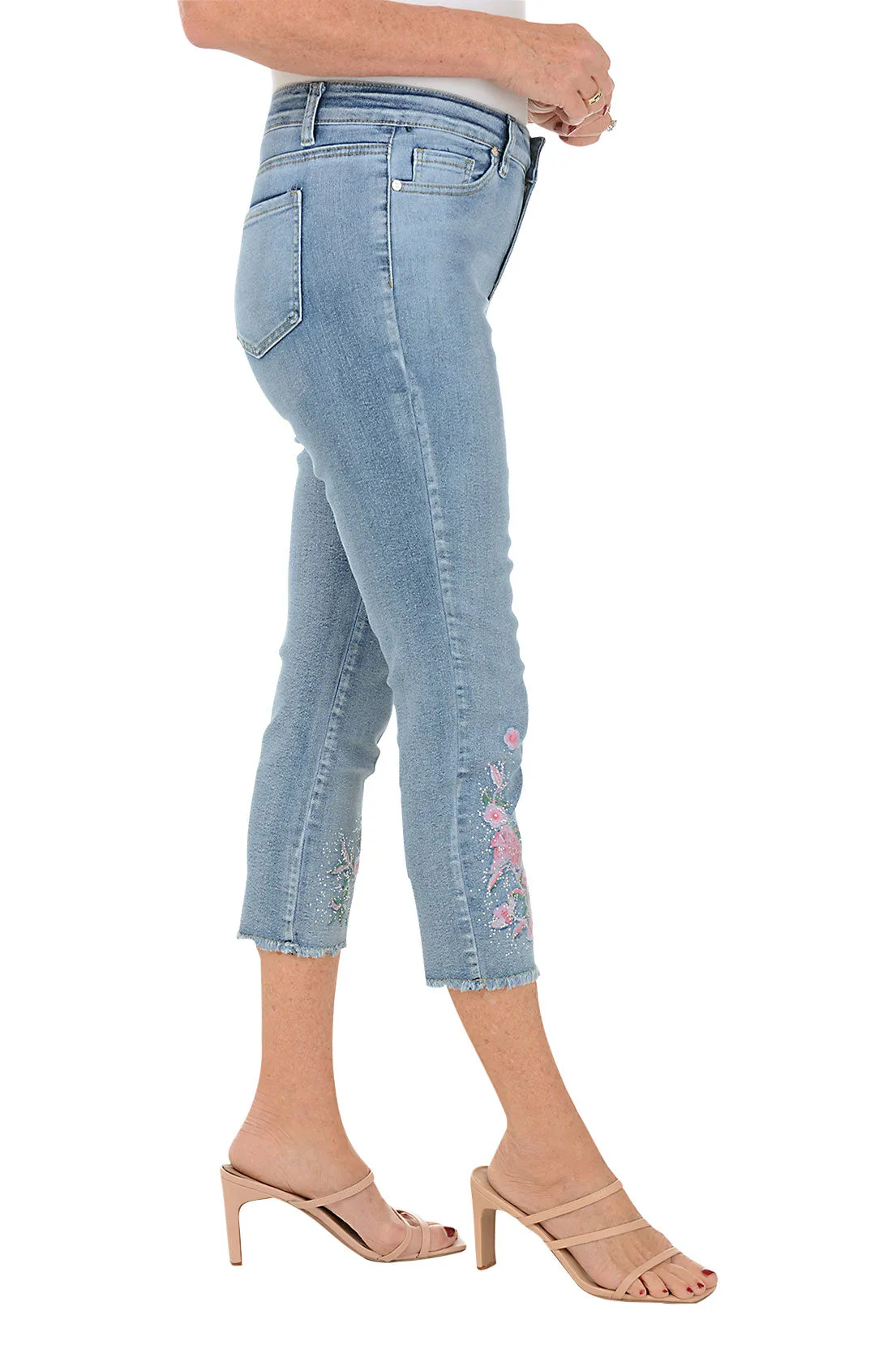 Blue Rhinestone Roses Denim Capri Pant