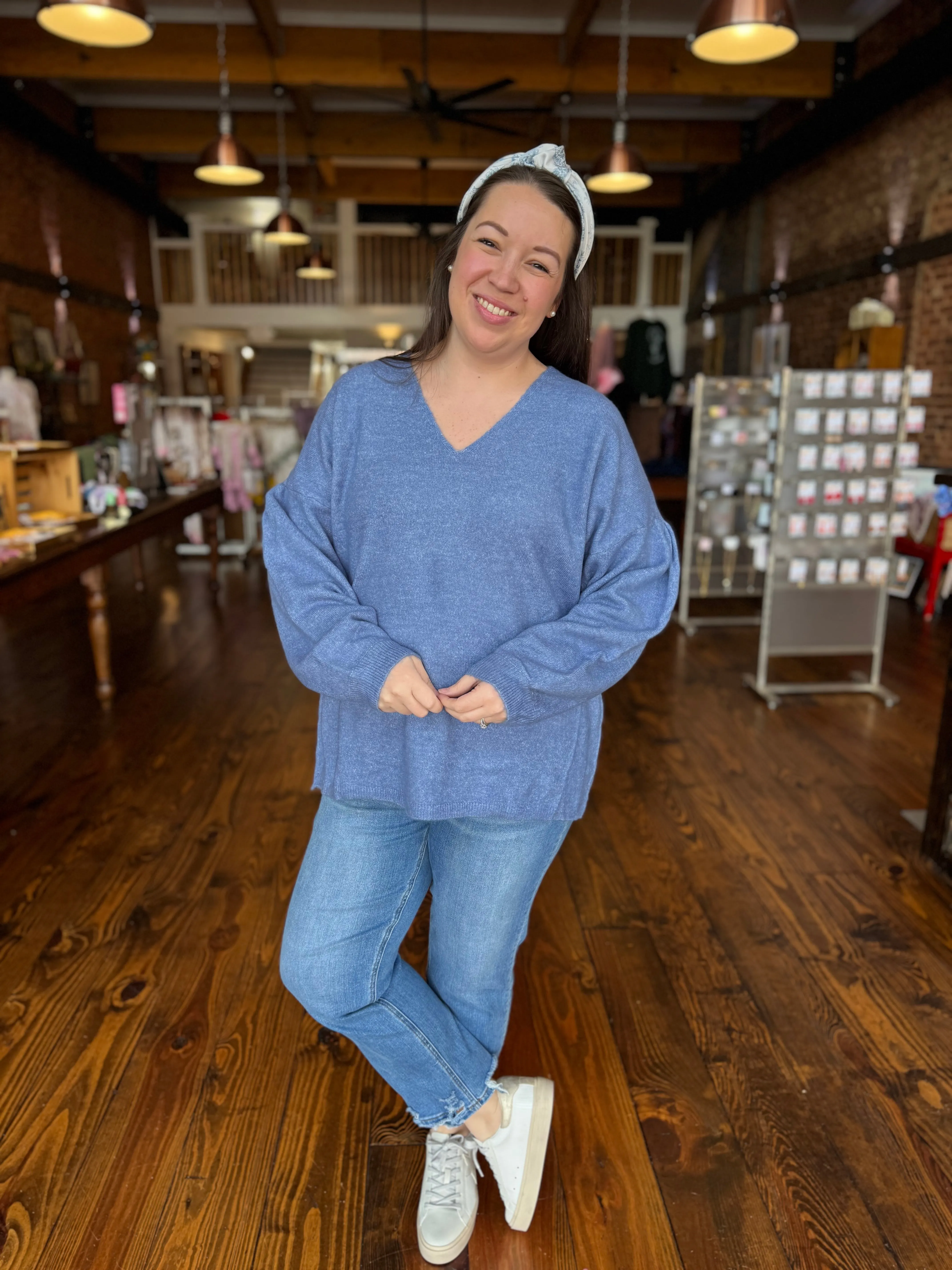 Blue Soft Bubble Sleeve Sweater