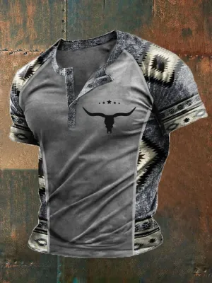 🔥Buy 2 Get 5% Off🔥Men's Western Ethnic Print Henley Neck T-Shirt