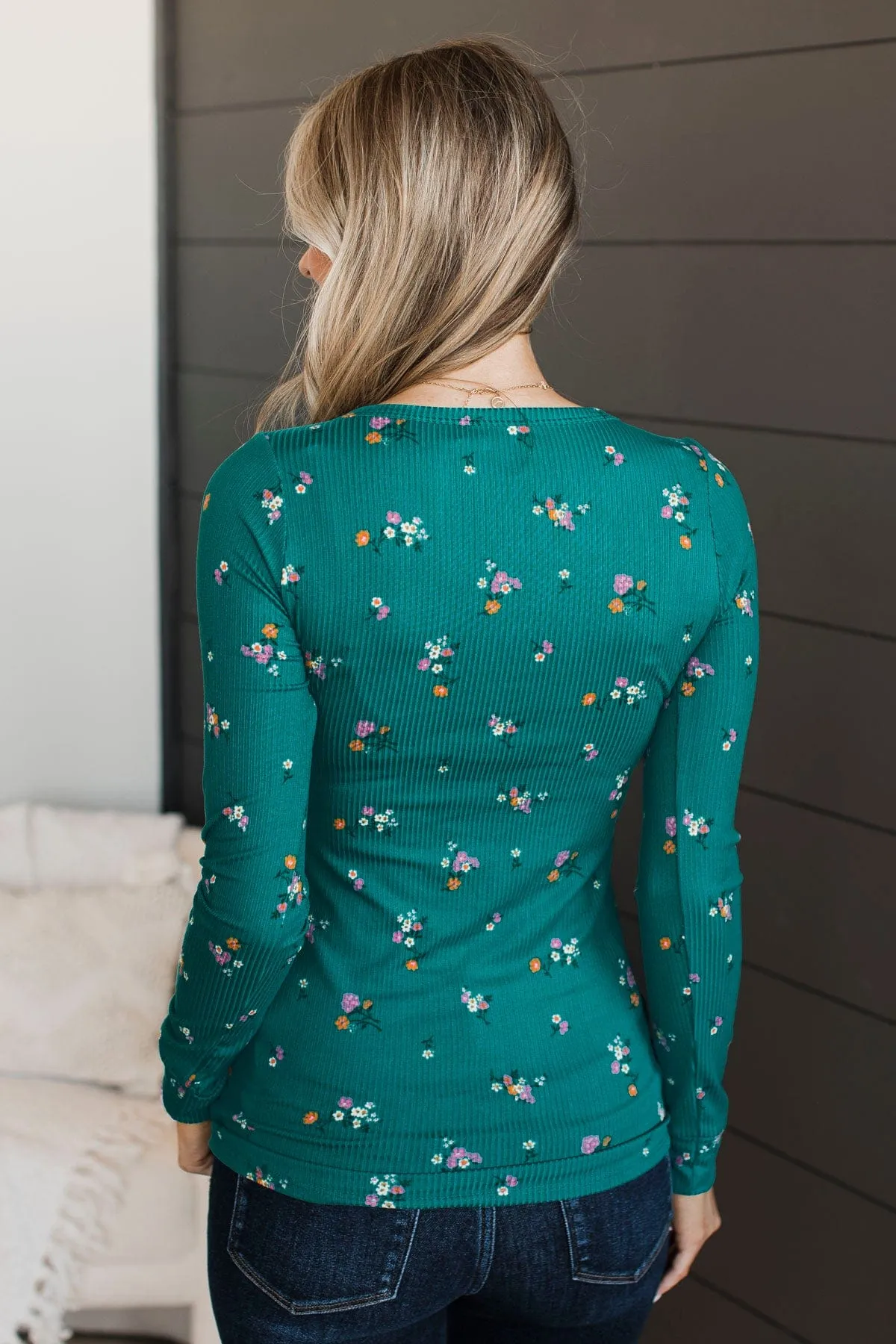 Call Me Lovely Floral Henley Top- Jade