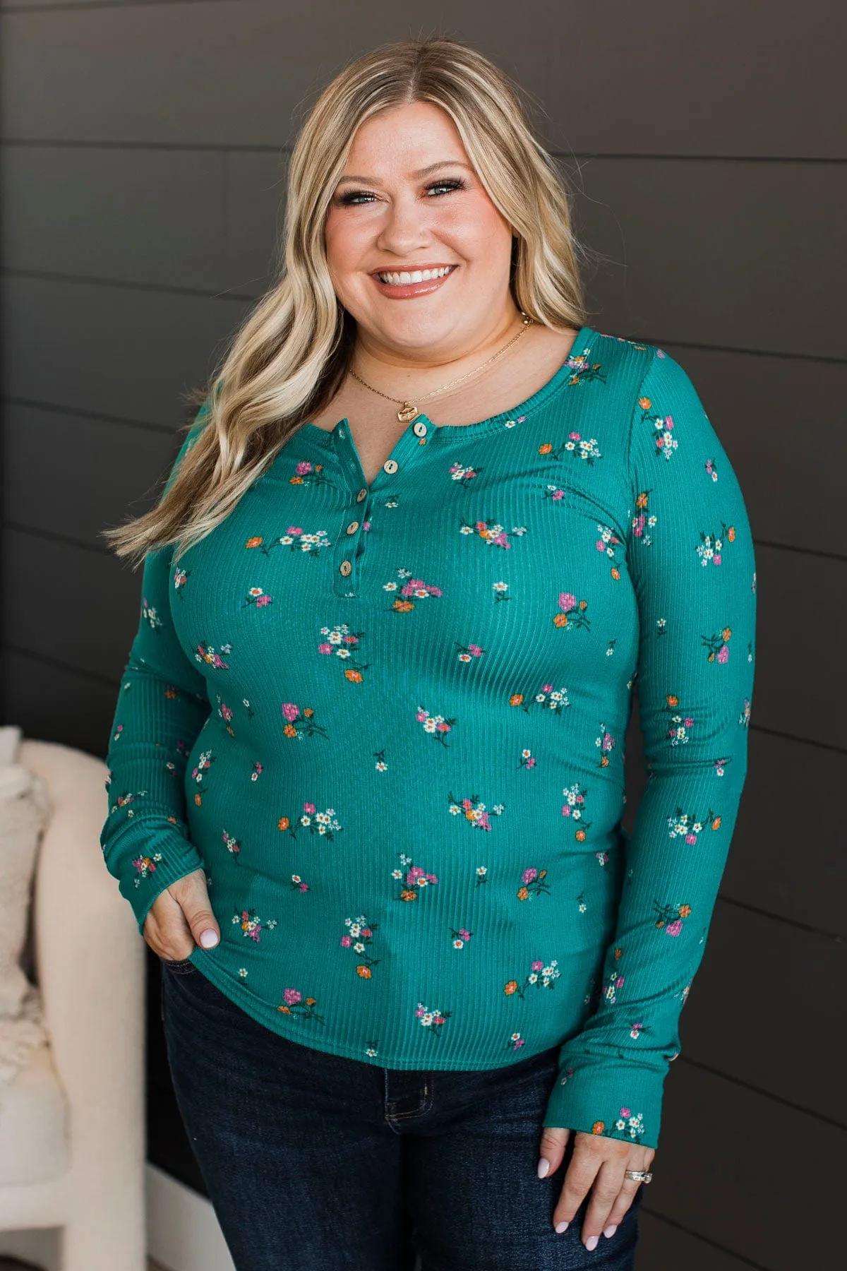 Call Me Lovely Floral Henley Top- Jade
