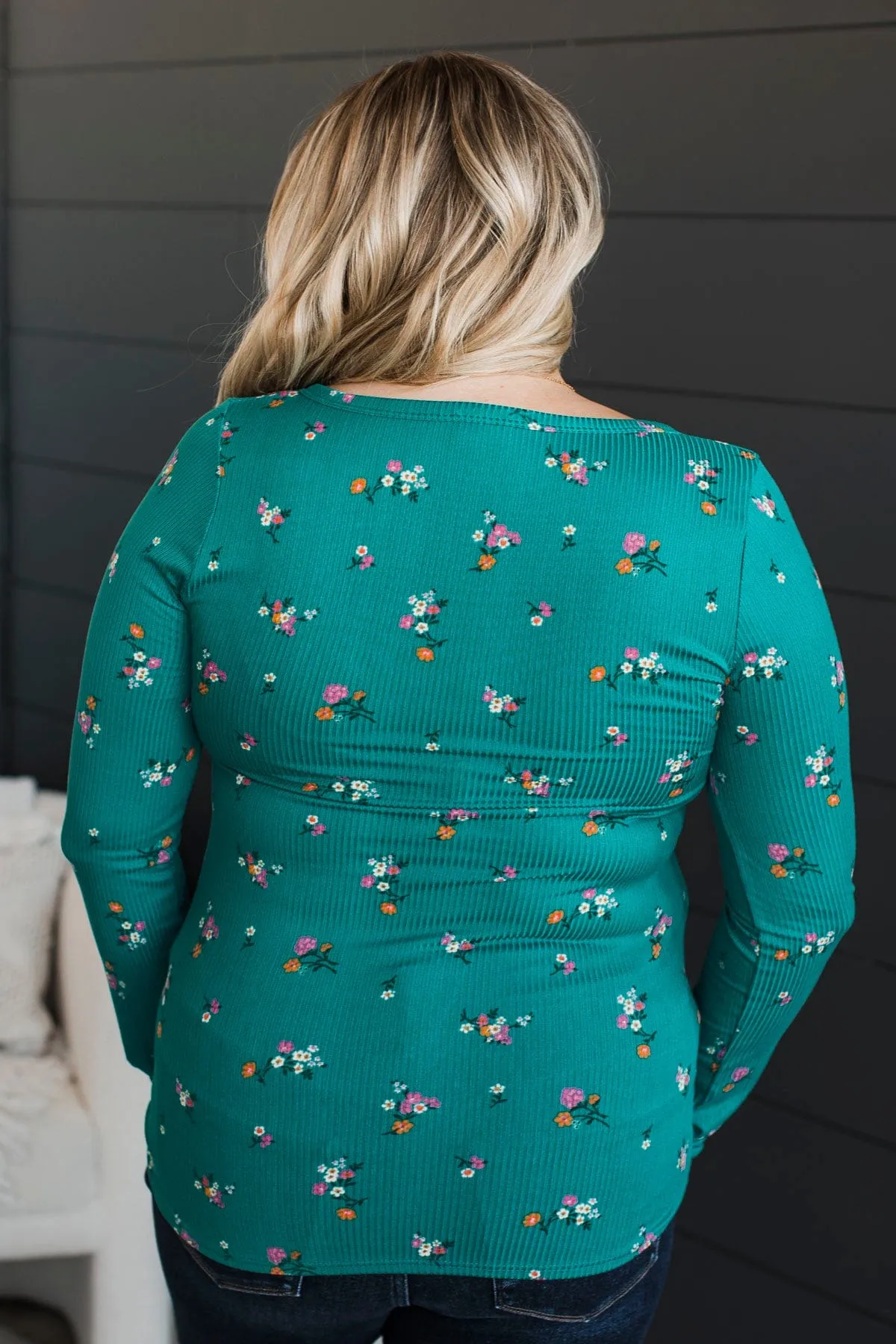 Call Me Lovely Floral Henley Top- Jade