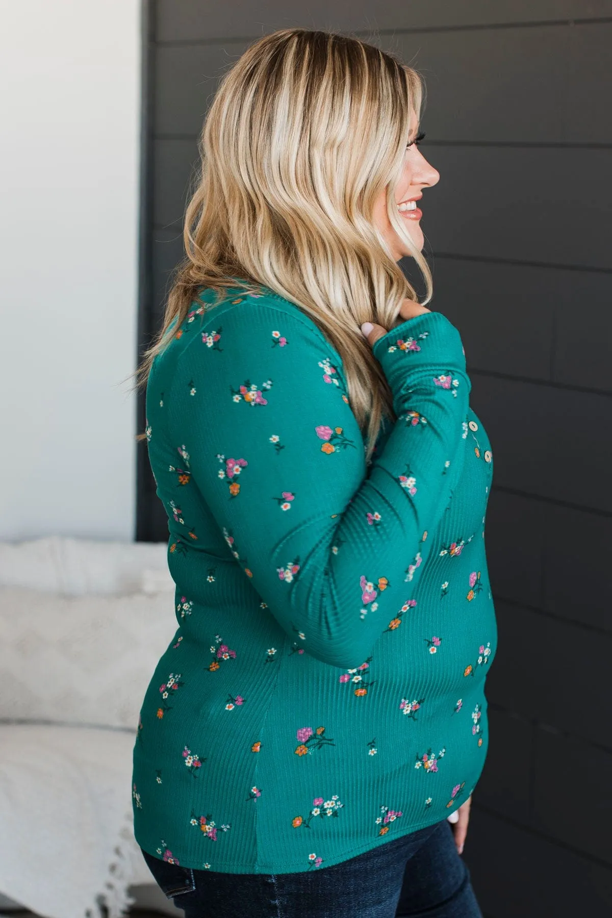 Call Me Lovely Floral Henley Top- Jade