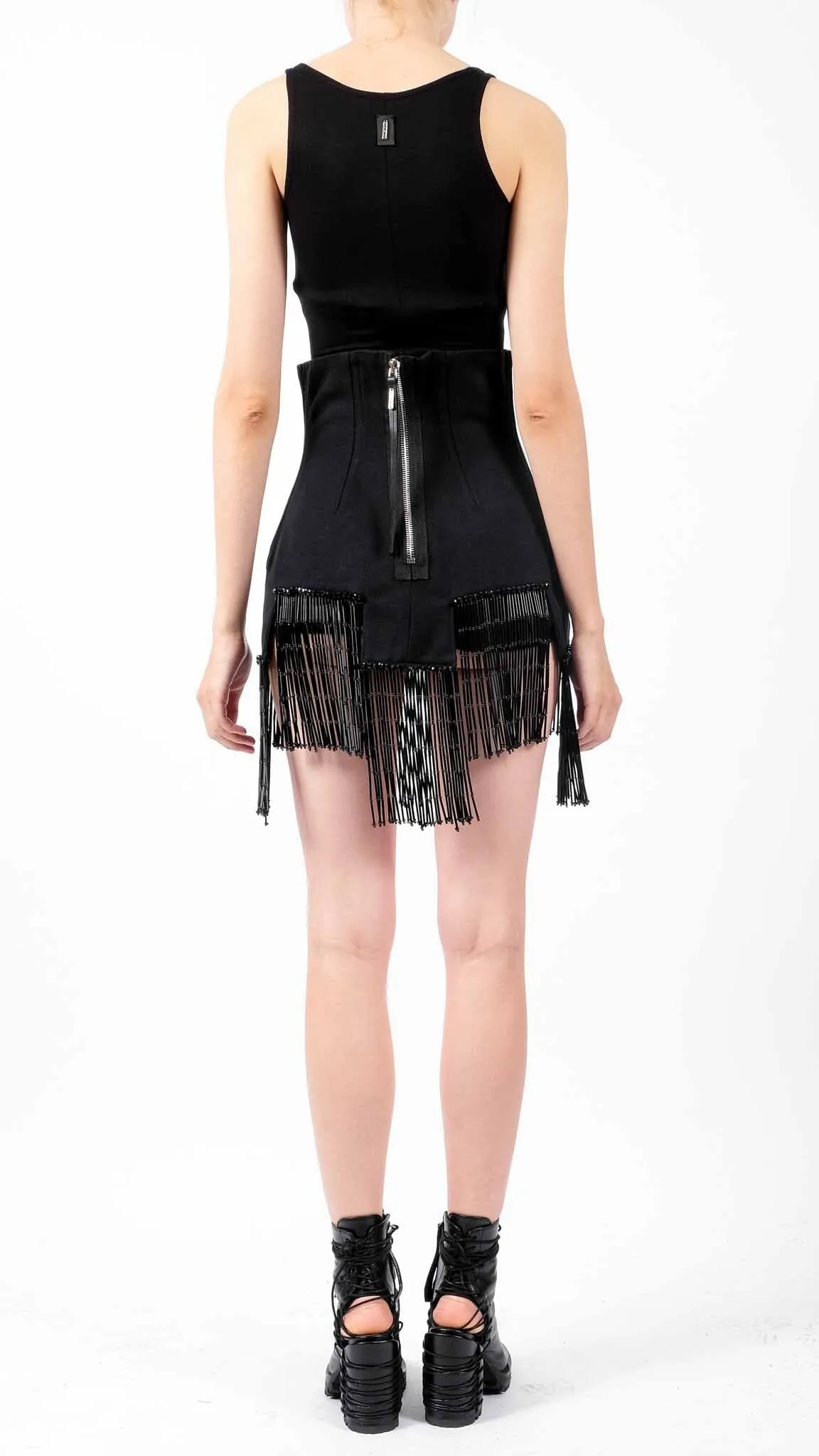 Canvas Skirt with Stones and Fringes Mini