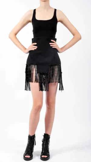 Canvas Skirt with Stones and Fringes Mini