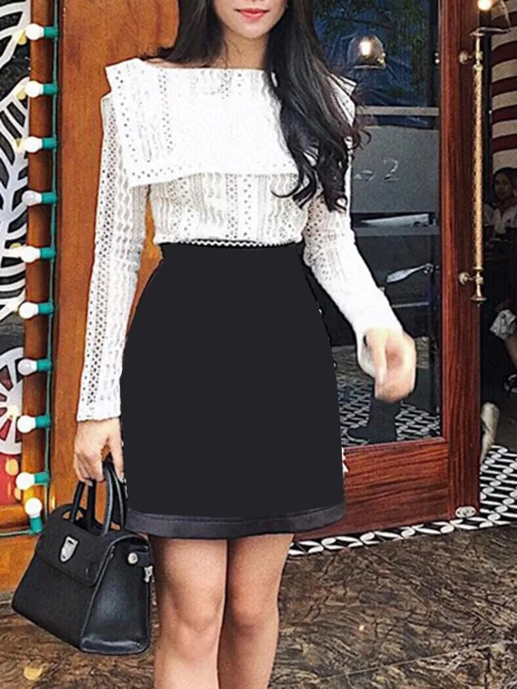 Casual Plain T Shirt For Women Slash Neck Loose Long Sleeve