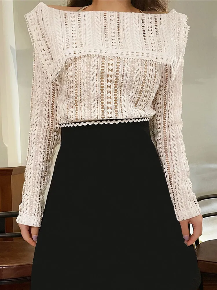 Casual Plain T Shirt For Women Slash Neck Loose Long Sleeve