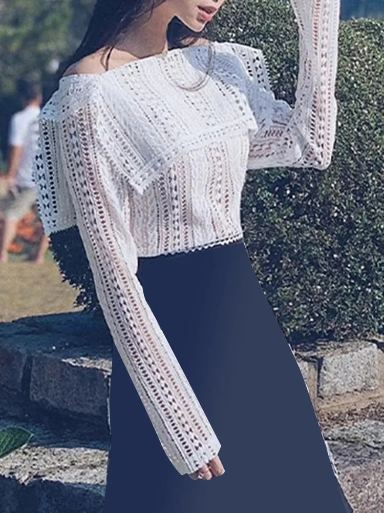 Casual Plain T Shirt For Women Slash Neck Loose Long Sleeve