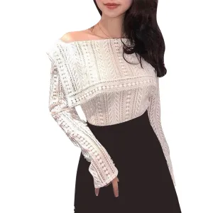 Casual Plain T Shirt For Women Slash Neck Loose Long Sleeve
