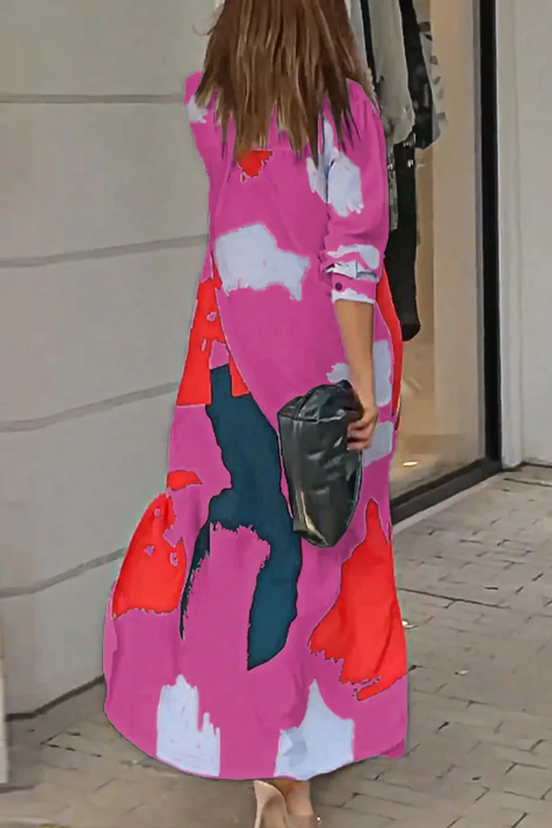 Casual Street Geometric Printing Turndown Collar Shirt Dress Dresses(9 Colors)