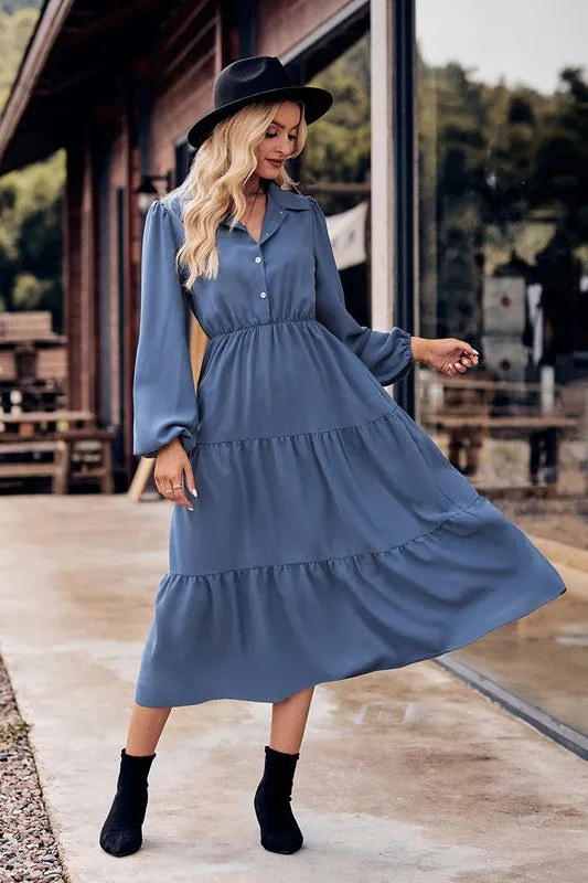 Collared Button Front Tiered Midi Dress