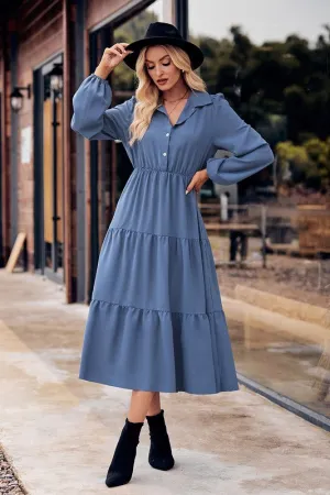 Collared Button Front Tiered Midi Dress