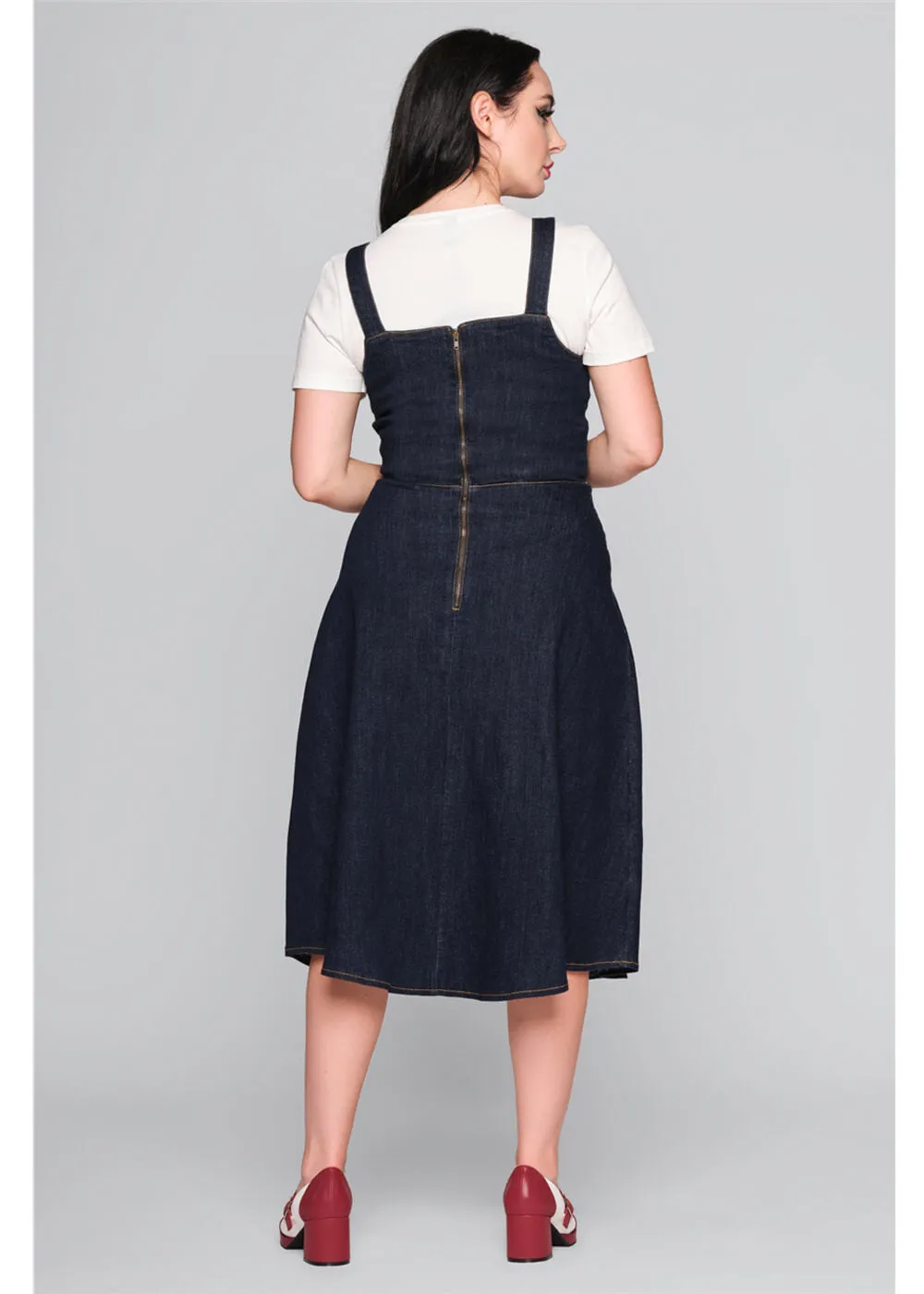 Collectif Jupiter Denim Pinafore 50's Swing Dress Navy