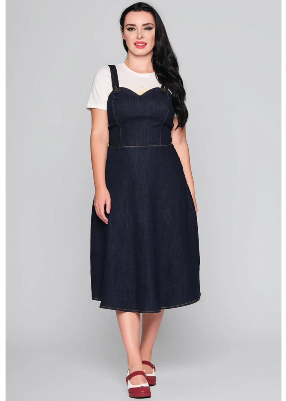 Collectif Jupiter Denim Pinafore 50's Swing Dress Navy