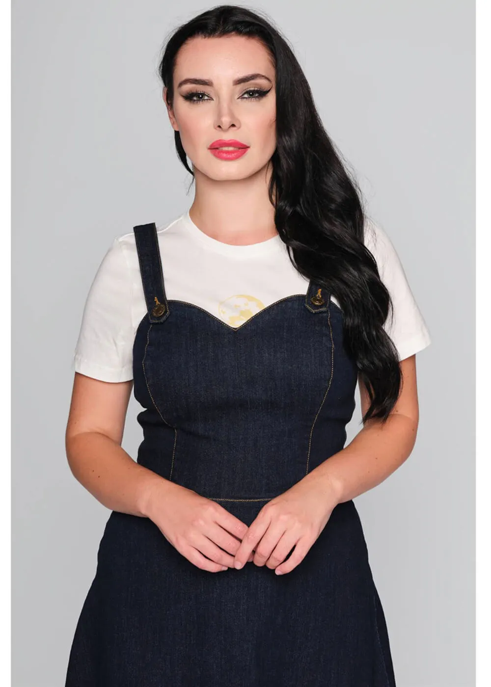 Collectif Jupiter Denim Pinafore 50's Swing Dress Navy