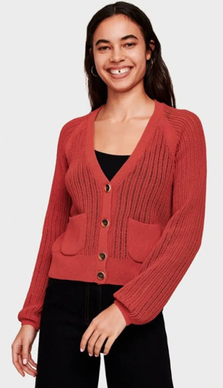 Corded Cotton Blouson Sleeve Cardigan - Auburn