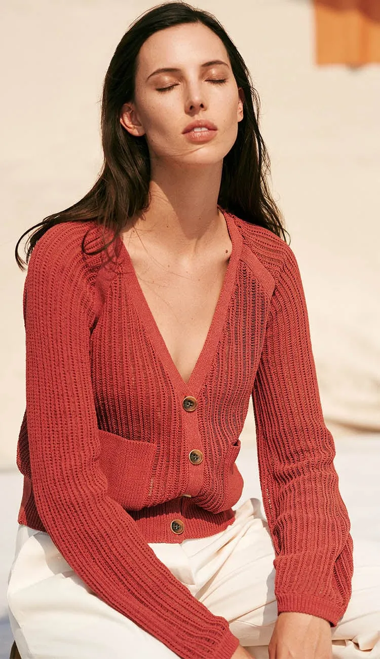 Corded Cotton Blouson Sleeve Cardigan - Auburn