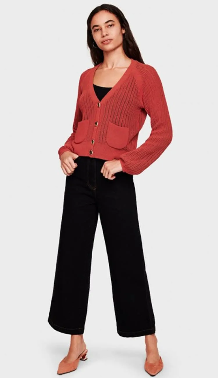 Corded Cotton Blouson Sleeve Cardigan - Auburn