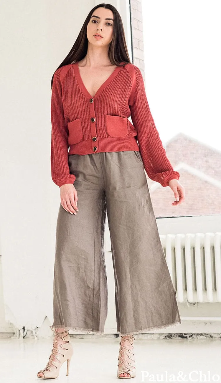 Corded Cotton Blouson Sleeve Cardigan - Auburn