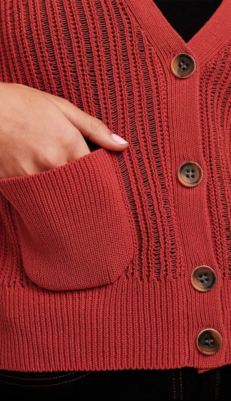 Corded Cotton Blouson Sleeve Cardigan - Auburn