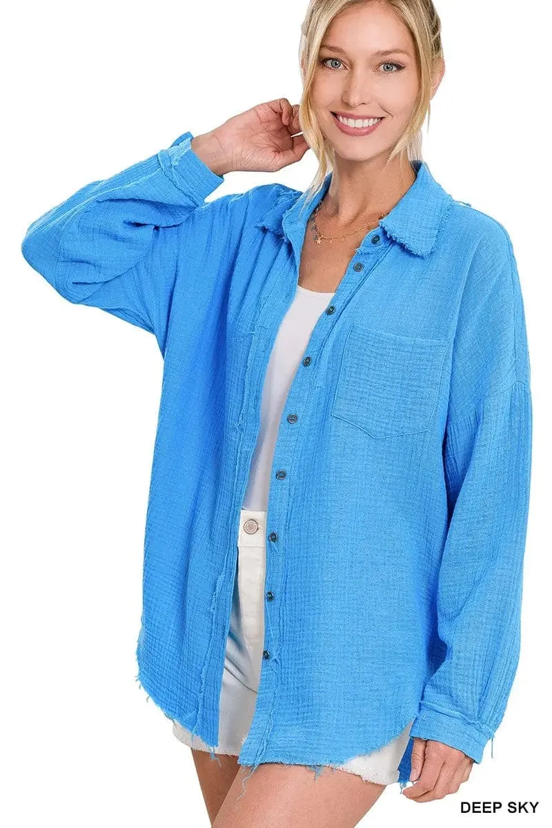 Deep Sky Raw Hem Shirt Top