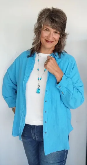 Deep Sky Raw Hem Shirt Top