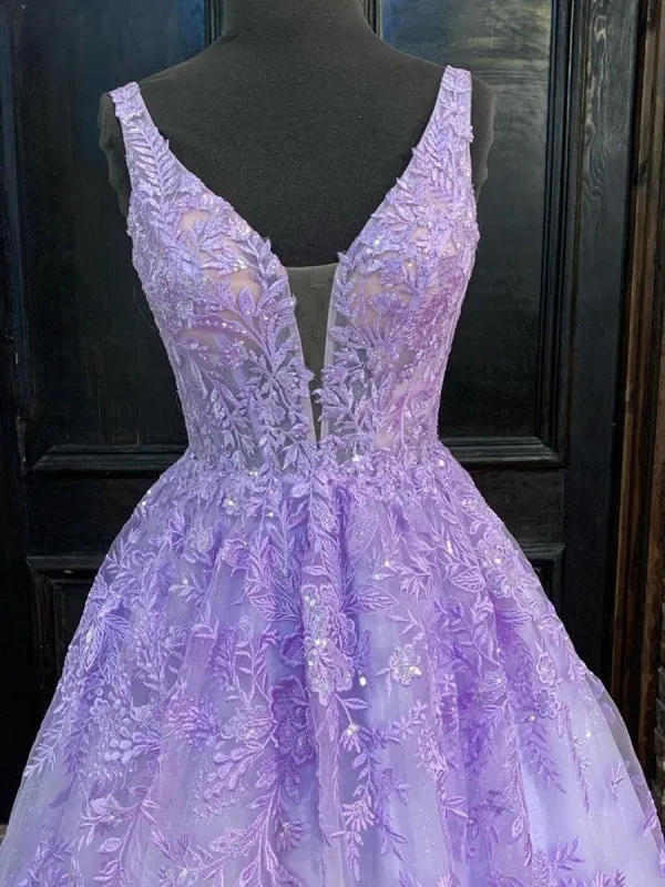 Deep V Neck Purple Lace Long Prom, Purple Lace Formal Graduation Evening