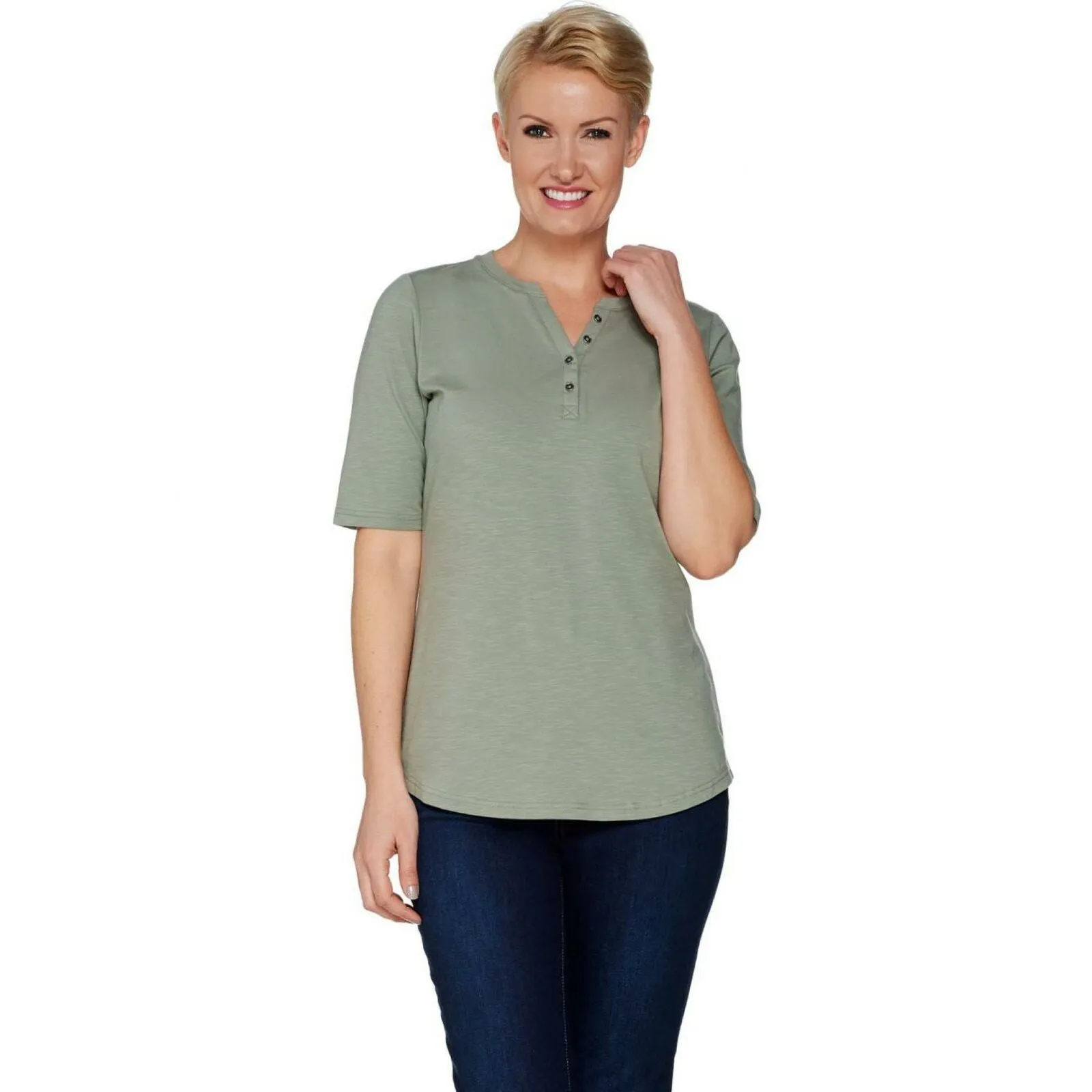 Denim & Co. Plus Size Essentials Elbow Sleeve Textured Knit Henley Top