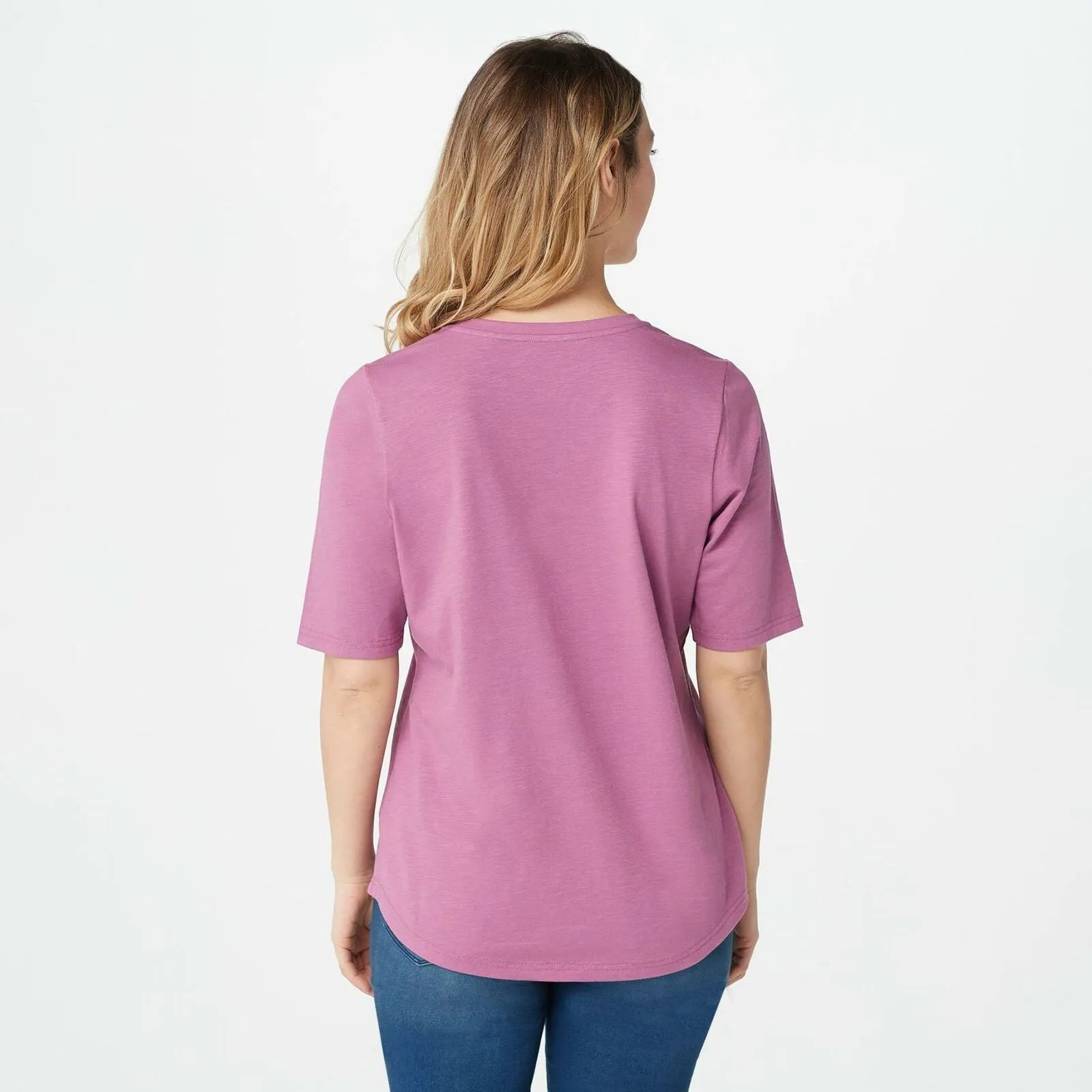 Denim & Co. Plus Size Essentials Elbow Sleeve Textured Knit Henley Top
