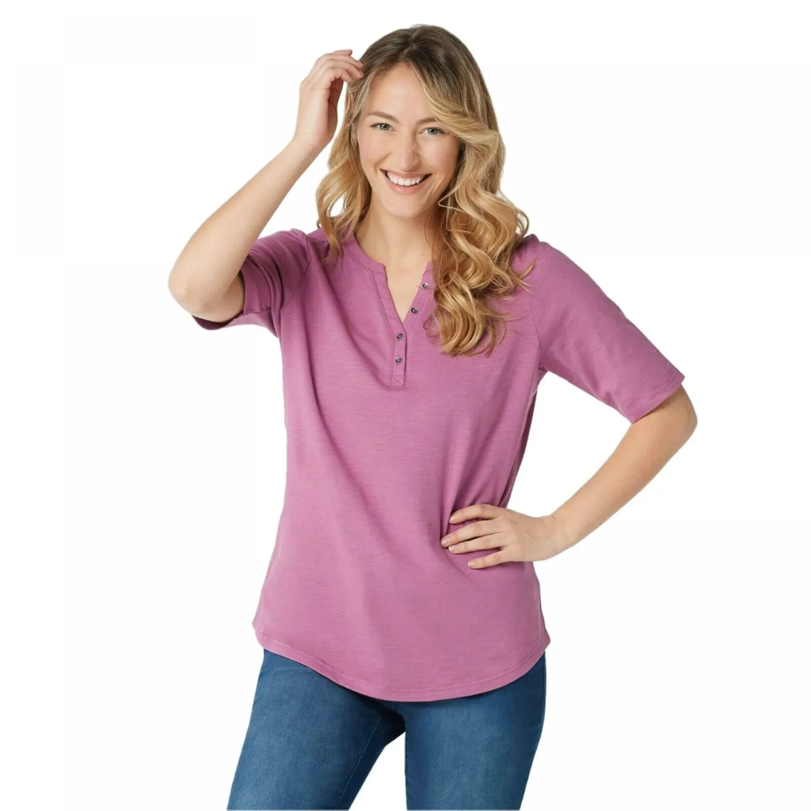 Denim & Co. Plus Size Essentials Elbow Sleeve Textured Knit Henley Top
