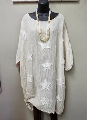 Distressed Linen Oversized Dress with Stars with Pockets One Size