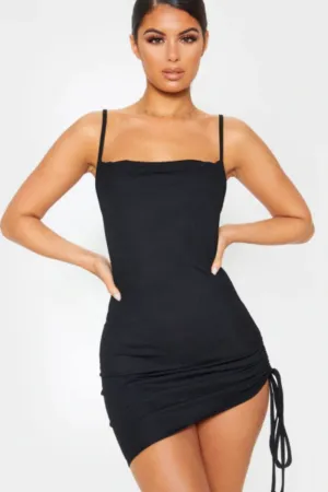 Drawstring detailed Hem Black Mini Dress