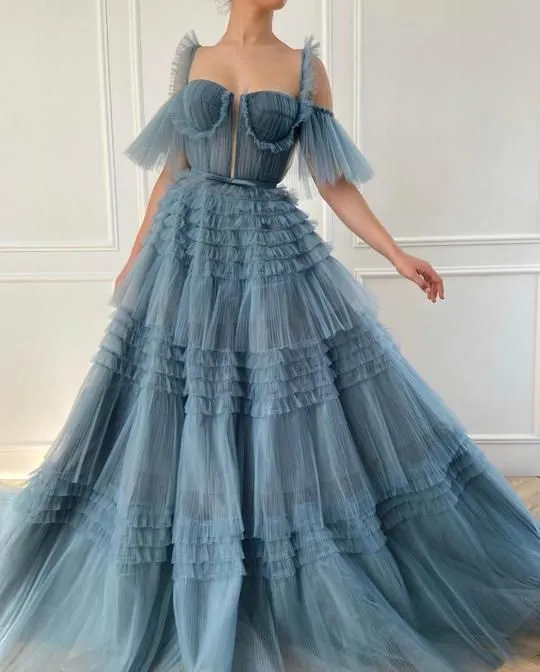 Dusty Blue Tulle Ruffled Gown, Long Tulle Prom Dress, Tiered Skirt Dress     fg3271