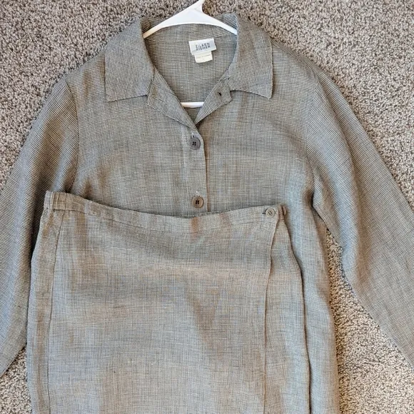Eileen Fisher Linen Blend Houndstooth Skirt Suit S