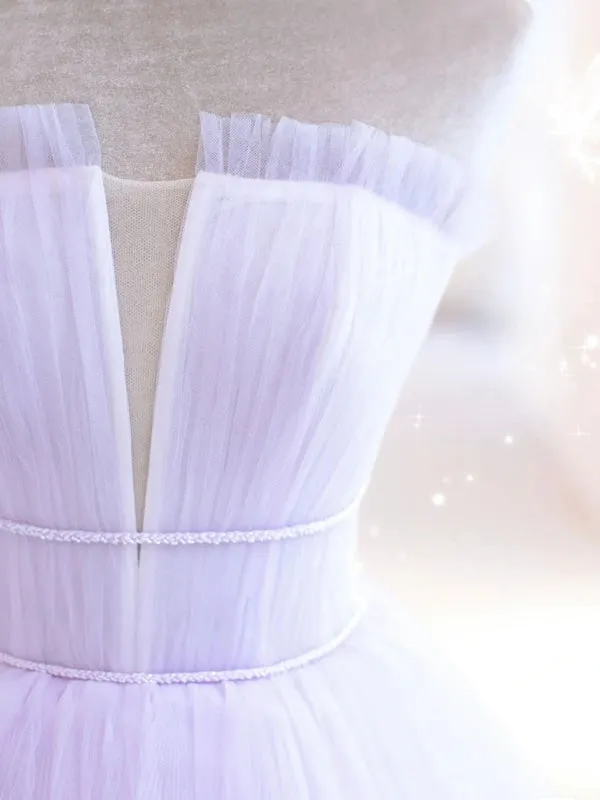 Elegant V Neck Purple Tulle Long Prom Dresses, Strapless Lilac Tulle Formal Evening Dresses, Lavender Ball Gown