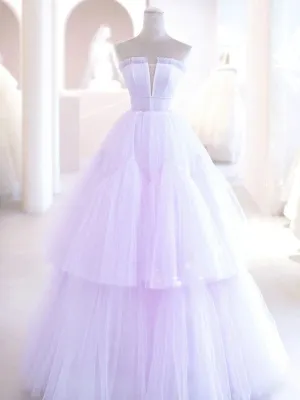 Elegant V Neck Purple Tulle Long Prom Dresses, Strapless Lilac Tulle Formal Evening Dresses, Lavender Ball Gown