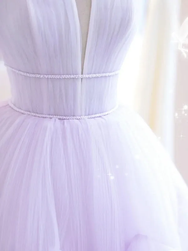 Elegant V Neck Purple Tulle Long Prom Dresses, Strapless Lilac Tulle Formal Evening Dresses, Lavender Ball Gown